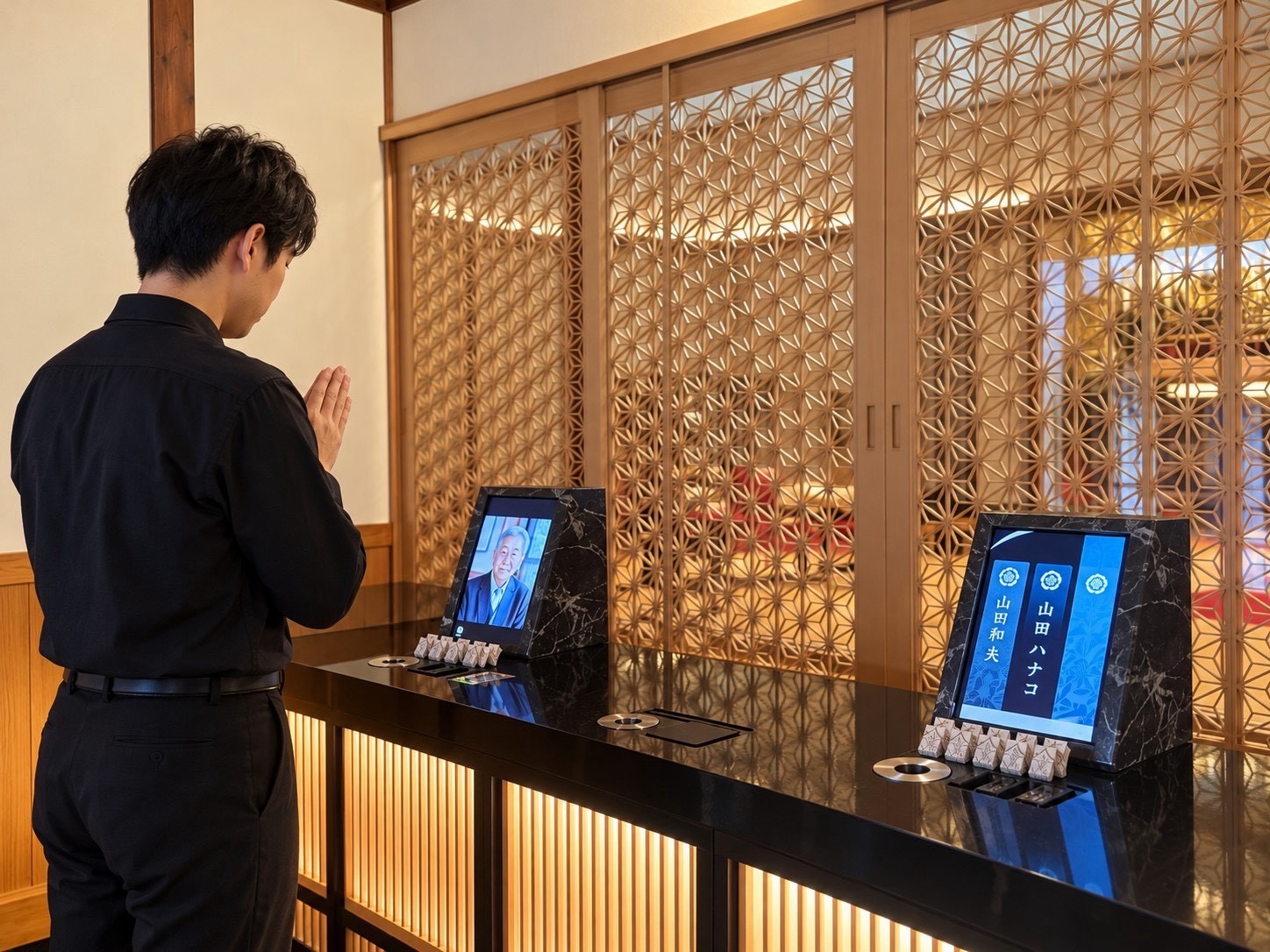 礼拝所で祈憶を使ってお参りする様子